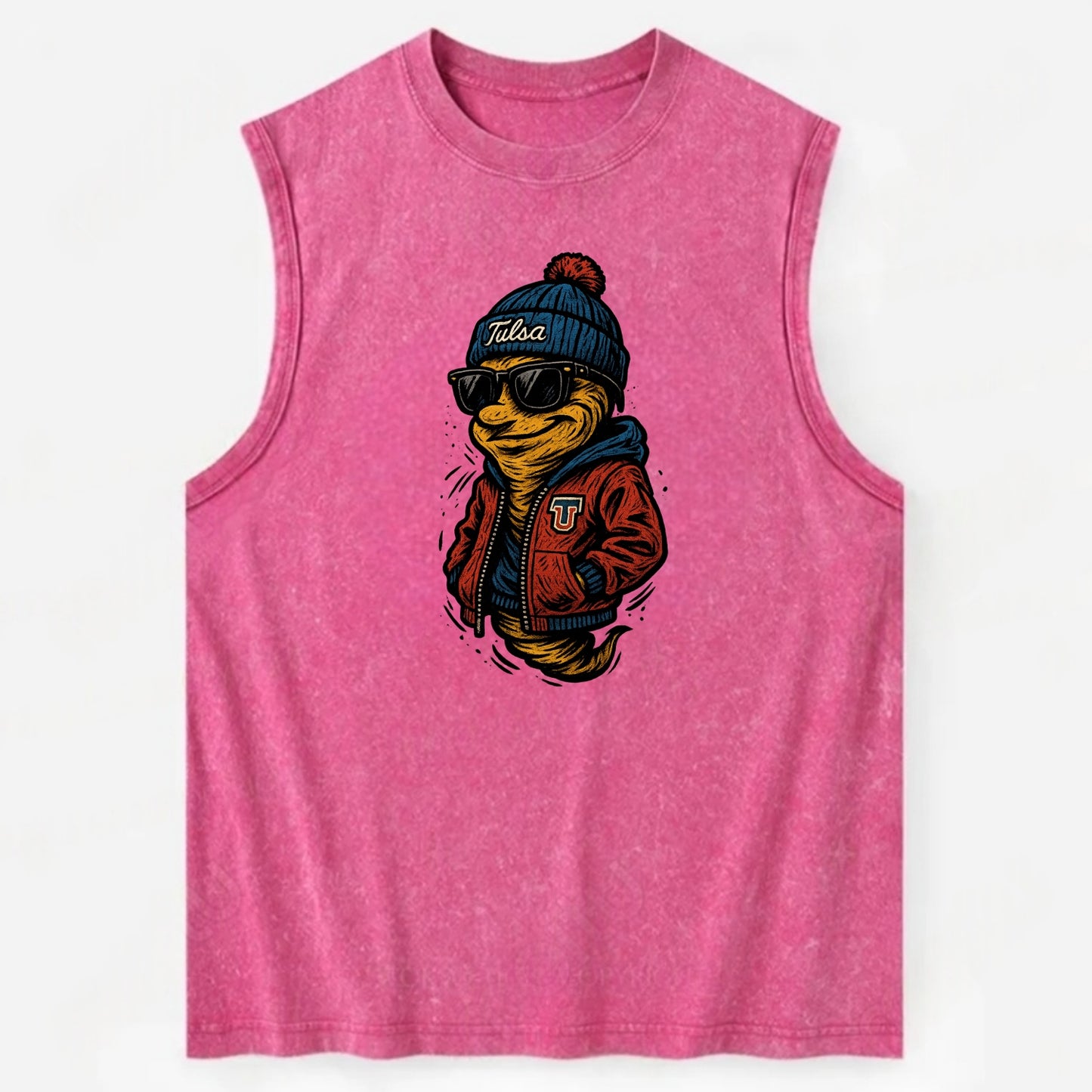 Tulsa Hurricane wearing Tulsa beanie with TU patch - Vintage Washed Tank - Pink