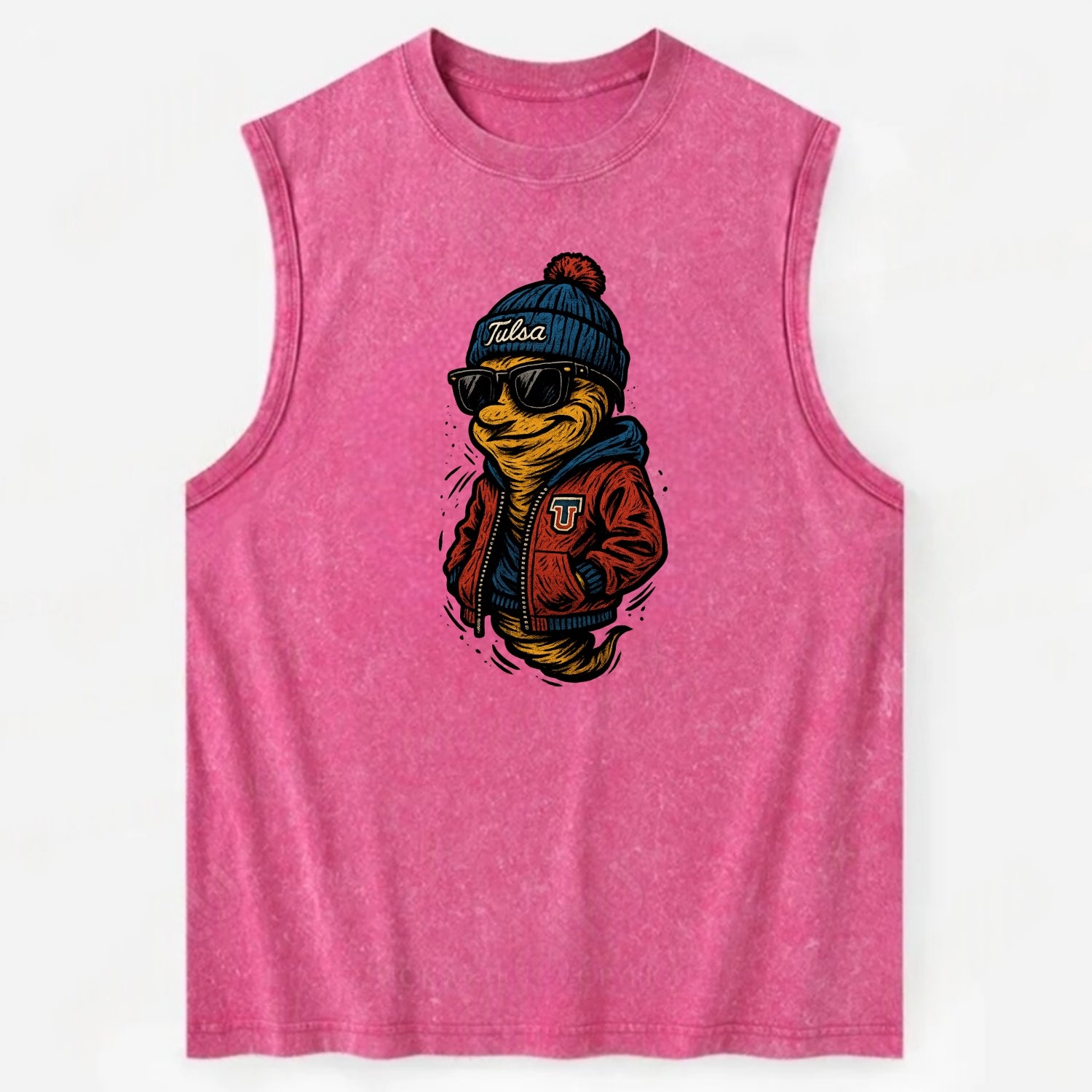 Tulsa Hurricane wearing Tulsa beanie with TU patch - Vintage Washed Tank - Pink