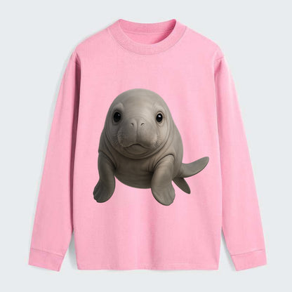 Baby Dugong - gray with paddle tail, gentle expression, whiskers, - Classic Long Sleeve Shirt - Pink