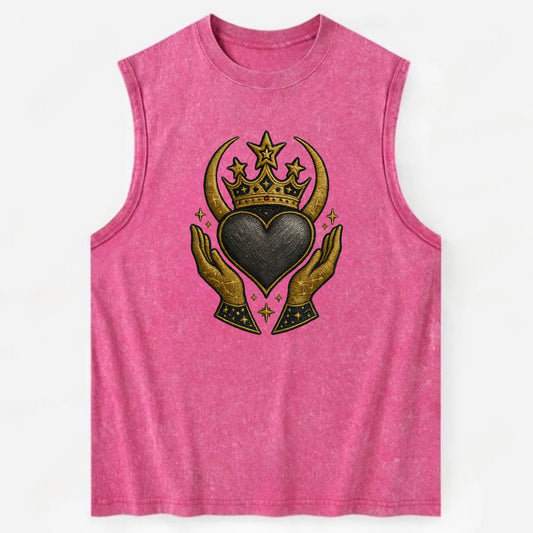 Celtic knot crown with woven strands merging into copper hands shielding a - Vintage Washed Tank - Pink