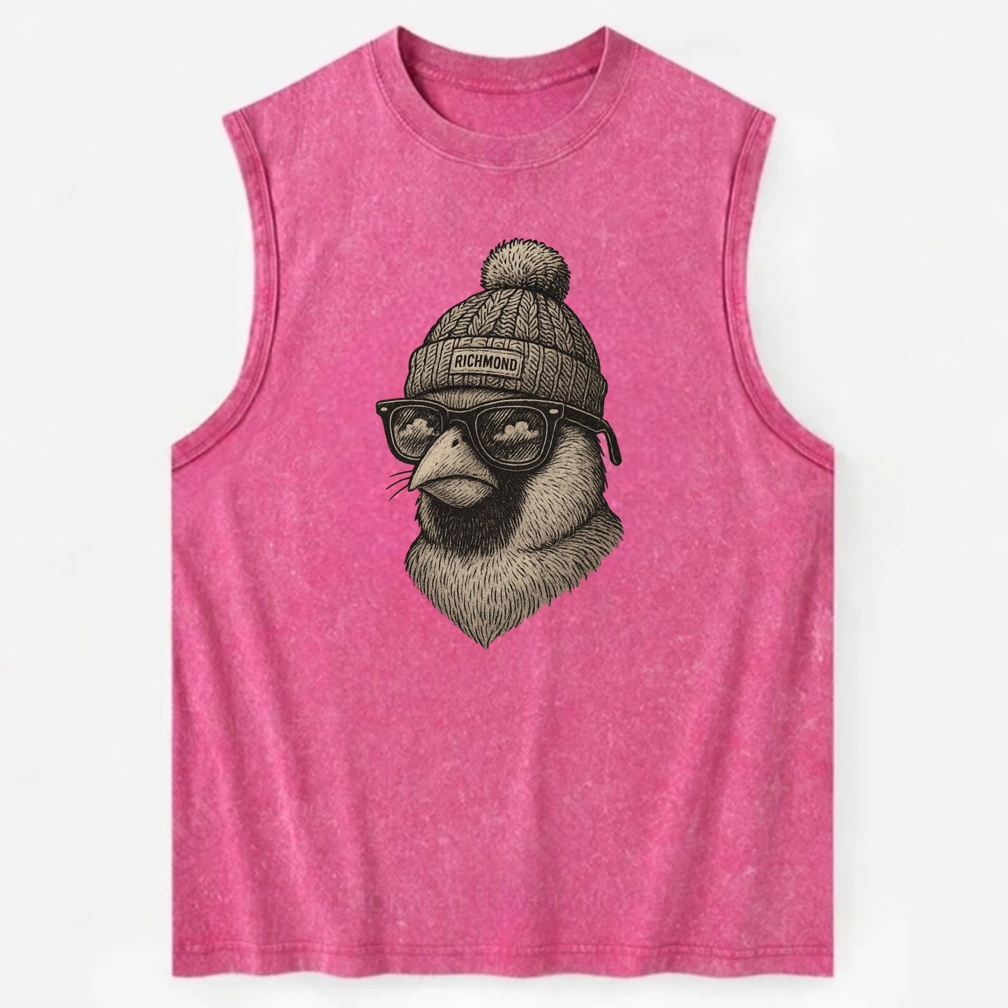 Virginia Cardinal wearing Richmond beanie with pom pom and wayfarer sunglasses - Vintage Washed Tank - Pink