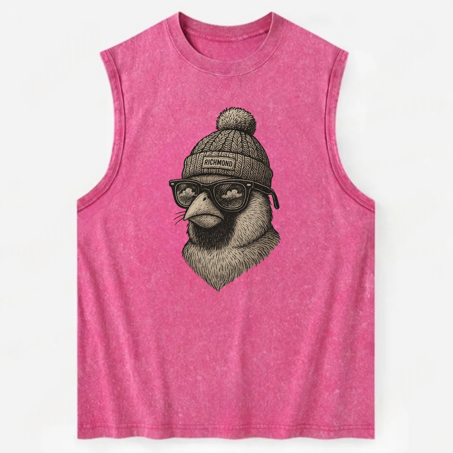 Virginia Cardinal wearing Richmond beanie with pom pom and wayfarer sunglasses - Vintage Washed Tank - Pink