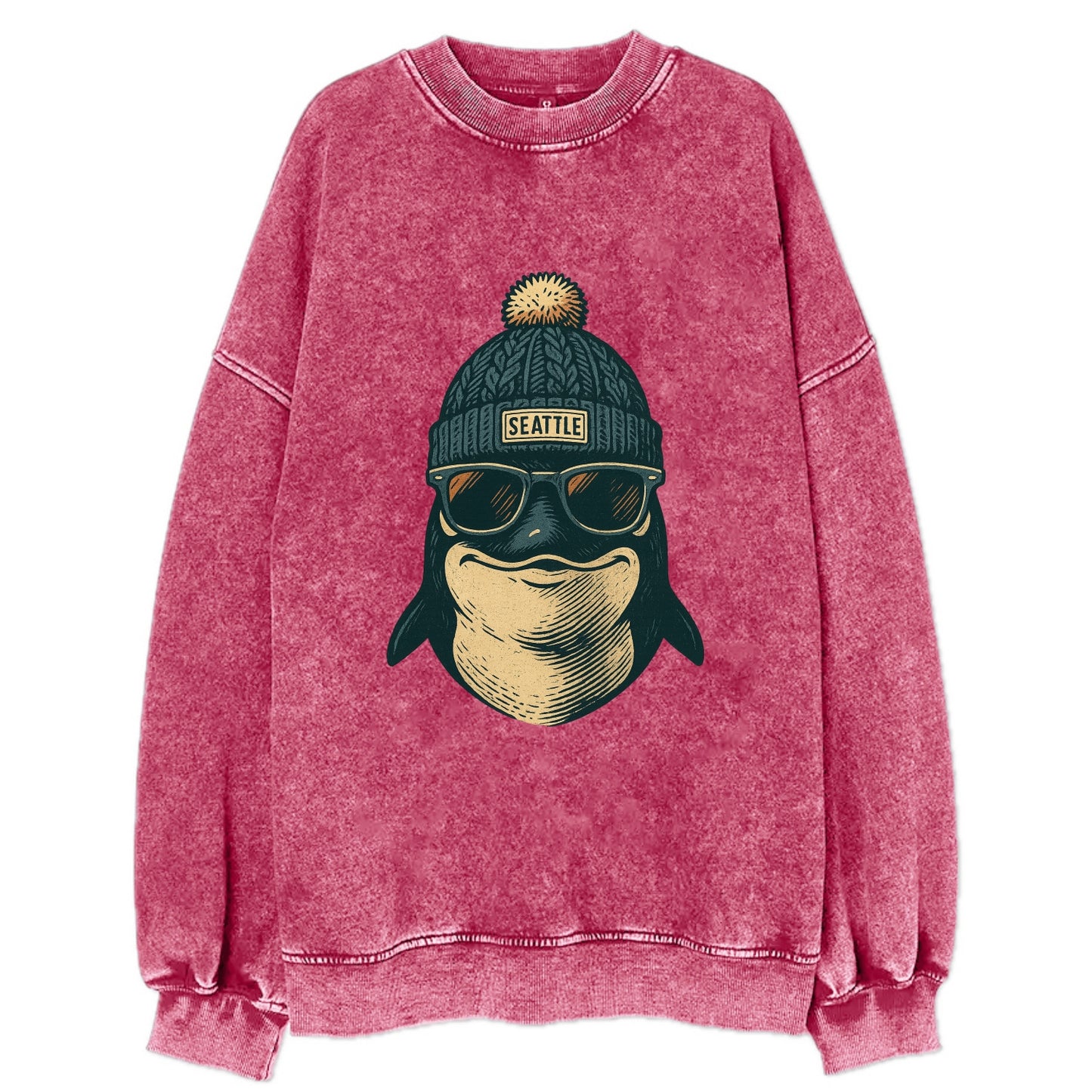 Washington Orca wearing Seattle beanie with pom pom and wayfarer sunglasses - Vintage Sweatshirt - Pink