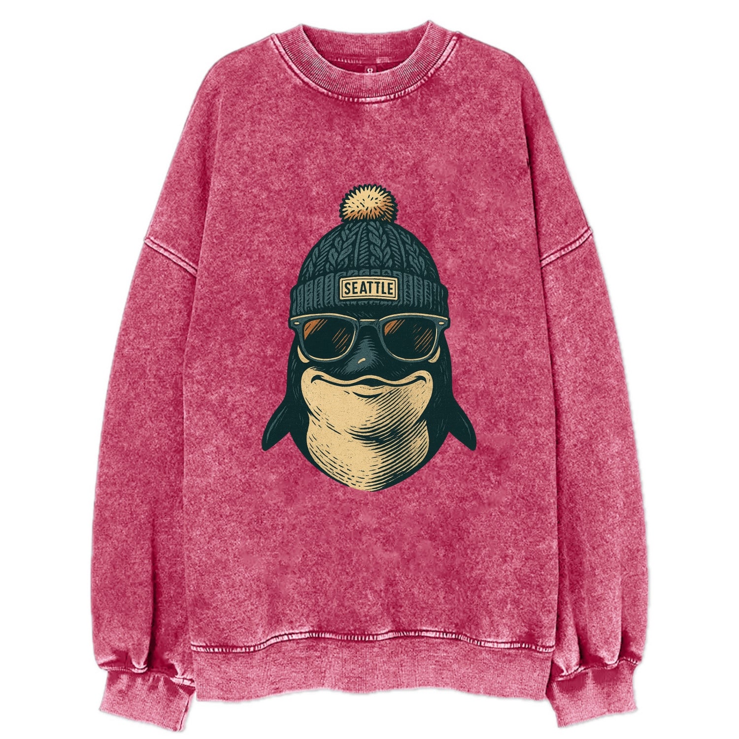 Washington Orca wearing Seattle beanie with pom pom and wayfarer sunglasses - Vintage Sweatshirt - Pink