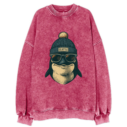 Washington Orca wearing Seattle beanie with pom pom and wayfarer sunglasses - Vintage Sweatshirt - Pink