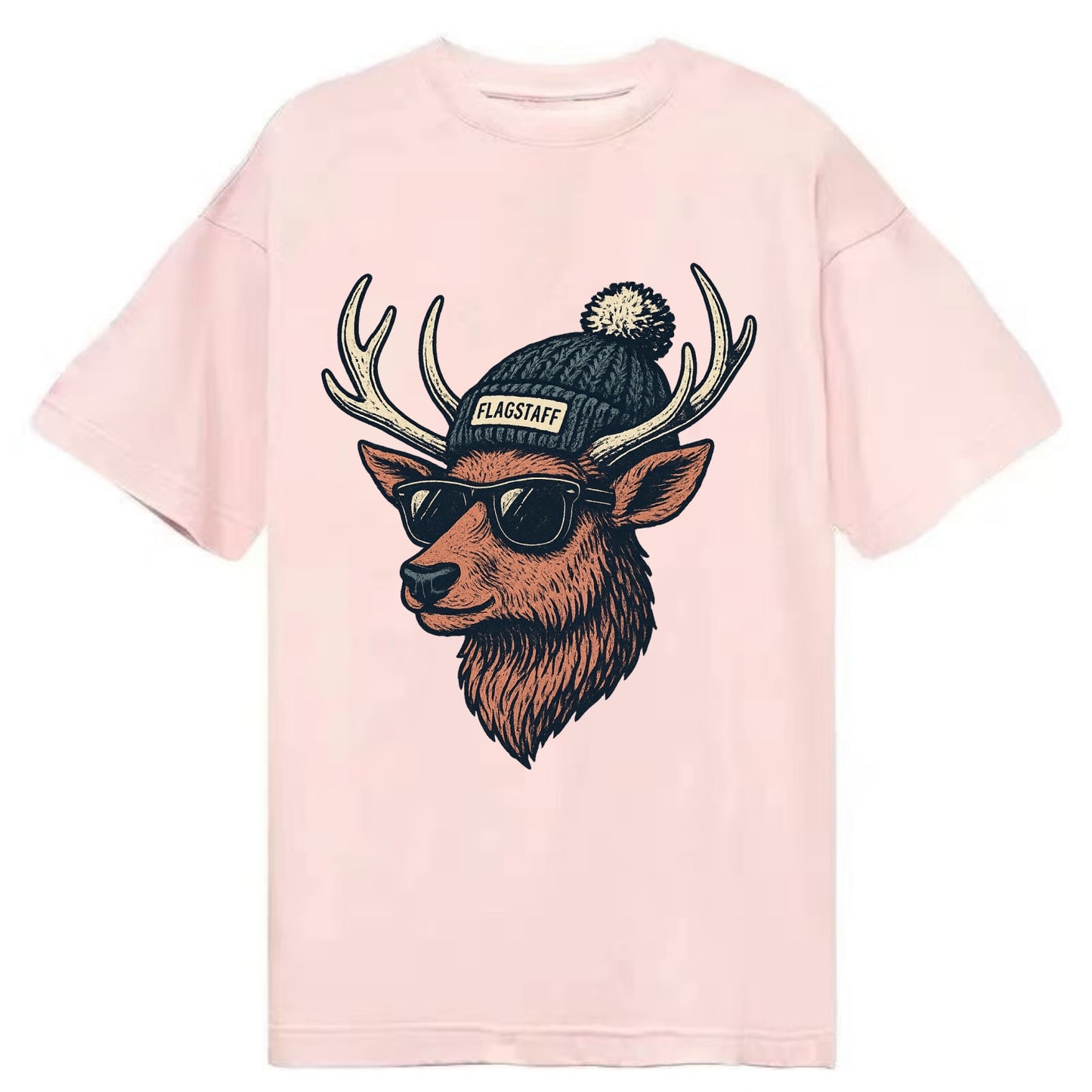 Flagstaff Elk wearing Flagstaff beanie with pom pom and wayfarer sunglasses - Classic T-shirt - Pink