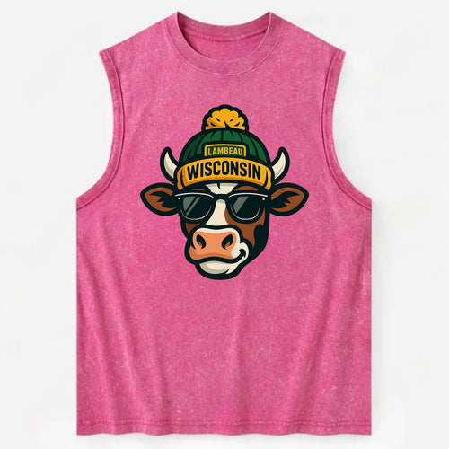 Wisconsin Cow wearing Packers beanie with Lambeau patch and wayfarer - Vintage Washed Tank