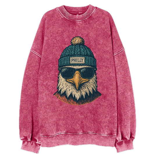 Philadelphia Eagle wearing Philly beanie with pom pom and wayfarer sunglasses - Vintage Sweatshirt - Pink