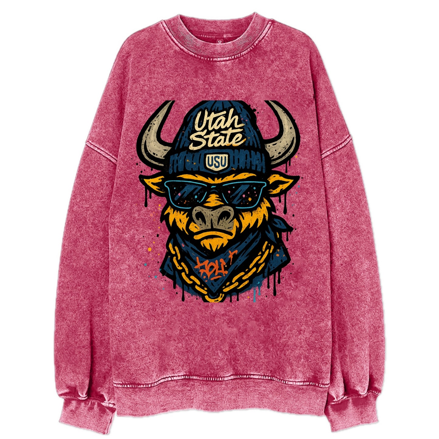 Logan Aggie wearing Utah State beanie with USU patch - Vintage Sweatshirt - Pink