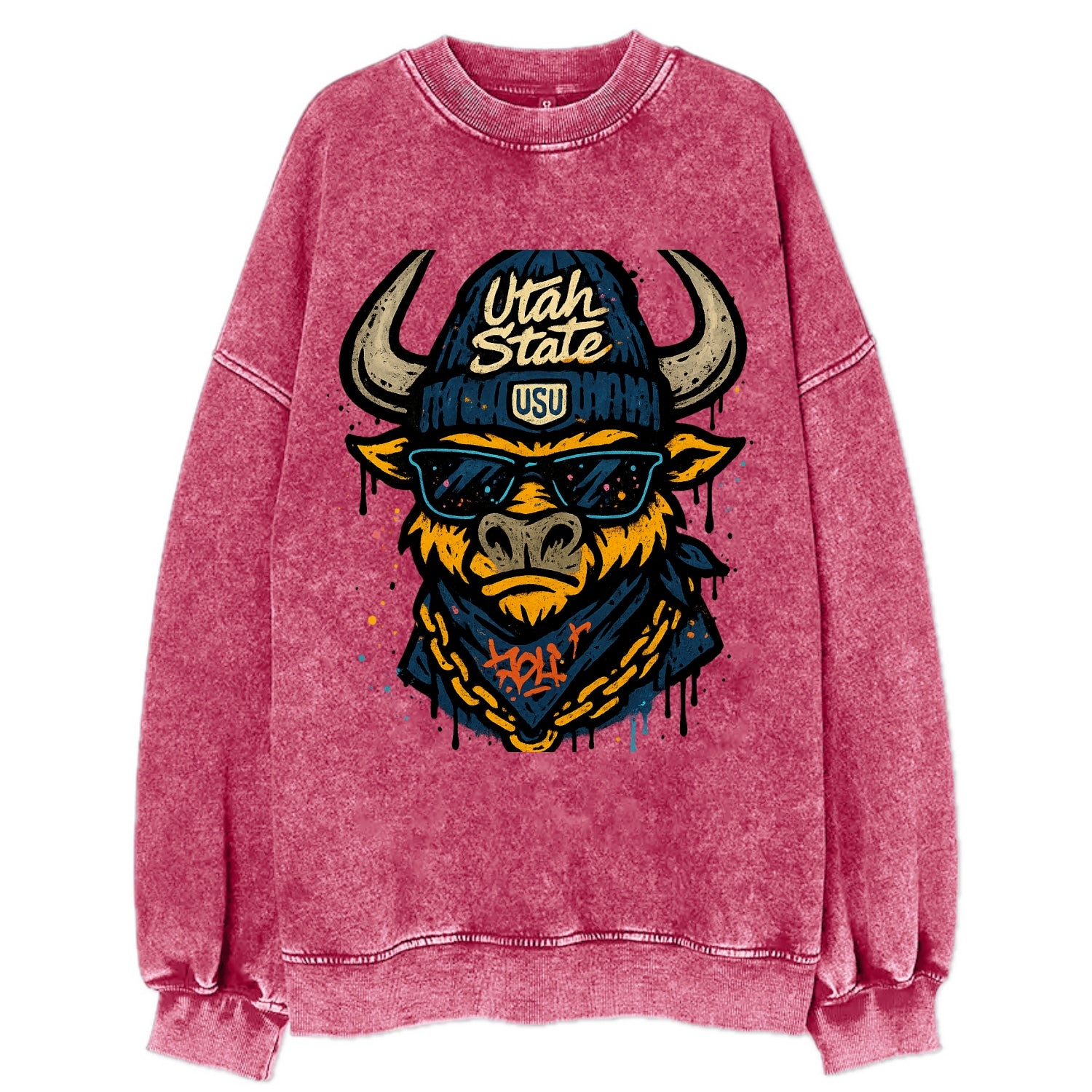 Logan Aggie wearing Utah State beanie with USU patch - Vintage Sweatshirt - Pink