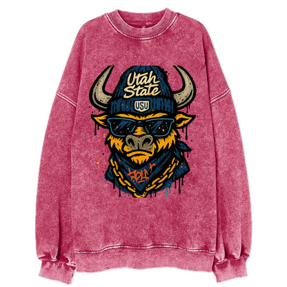 Logan Aggie wearing Utah State beanie with USU patch - Vintage Sweatshirt - Pink