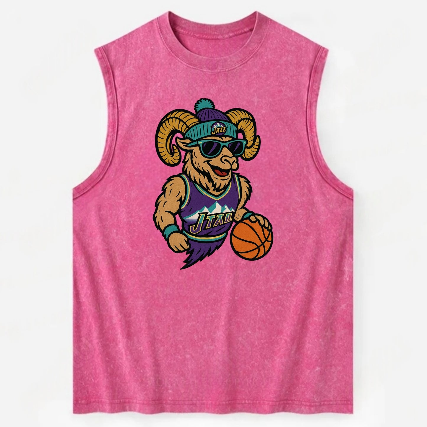 Utah Bighorn wearing Jazz beanie with mountain melody patch and wayfarer - Vintage Washed Tank - Pink