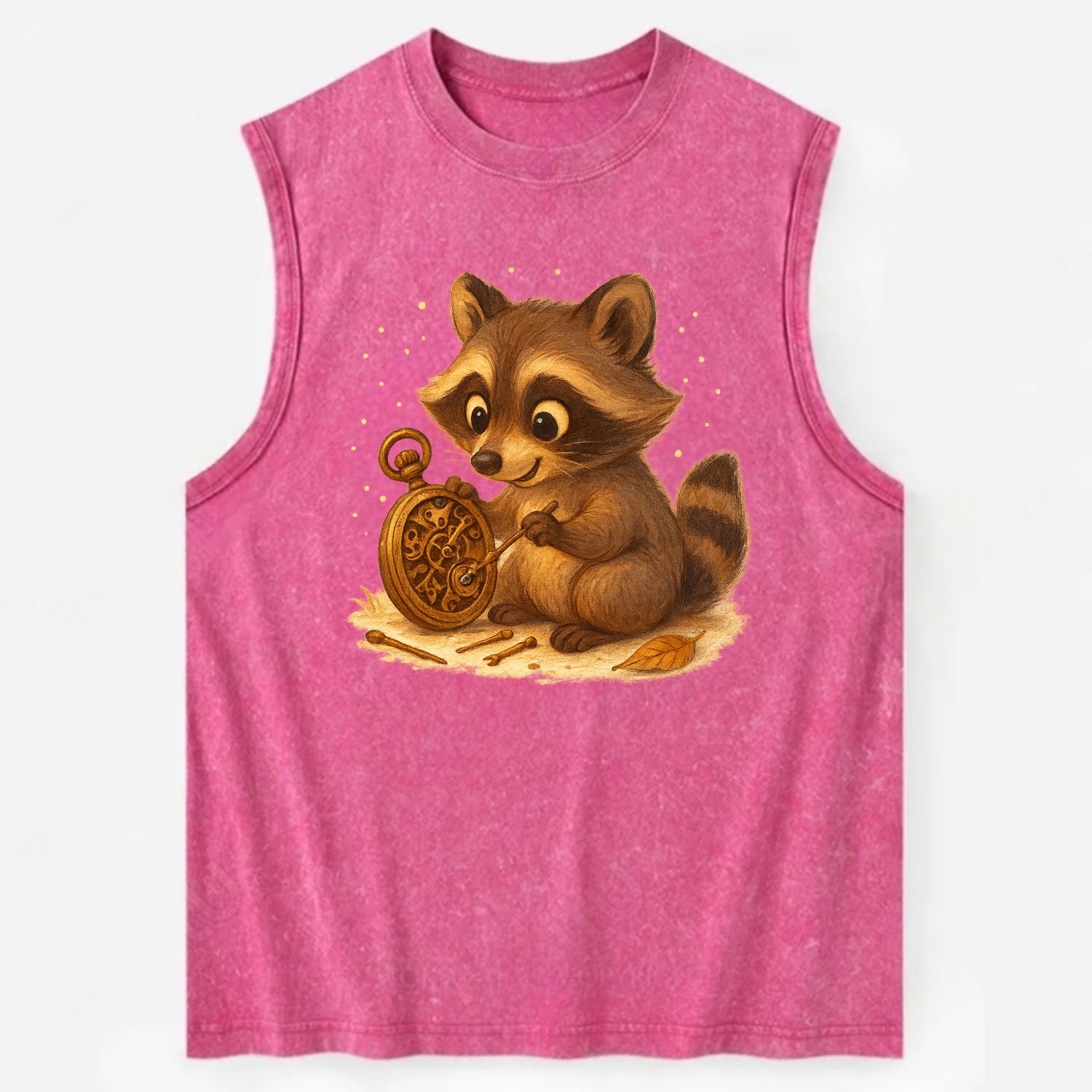 Raccoon tinkering with a steampunk pocket watch using tiny brass tools - Vintage Washed Tank - Pink