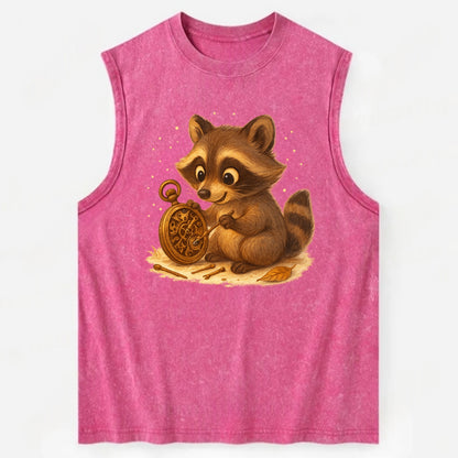 Raccoon tinkering with a steampunk pocket watch using tiny brass tools - Vintage Washed Tank - Pink