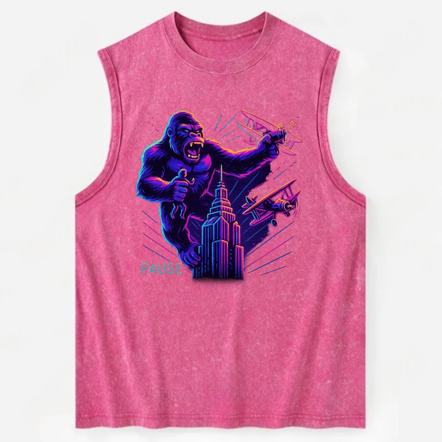 giant gorilla on top of skyscraper holding small figure, swatting planes - Vintage Washed Tank - Pink