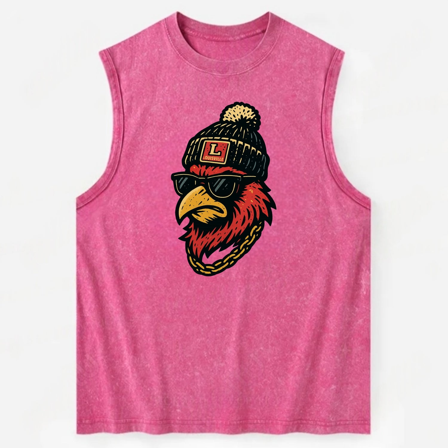 Louisville Cardinal wearing Louisville beanie with L patch - Vintage Washed Tank - Pink