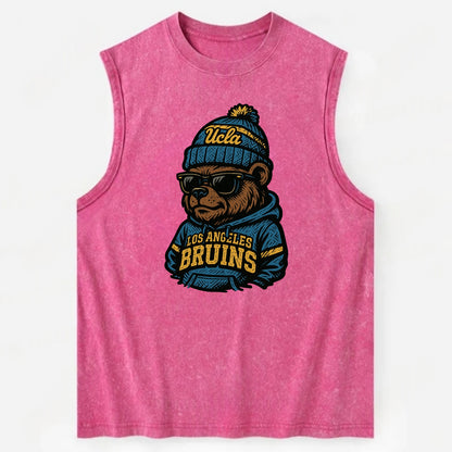 Los Angeles Bruin wearing UCLA beanie with script patch - Vintage Washed Tank - Pink