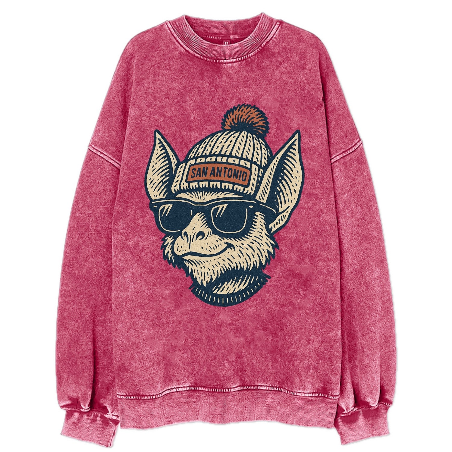 San Antonio Bat wearing San Antonio beanie with pom pom and wayfarer sunglasses - Vintage Sweatshirt - Pink