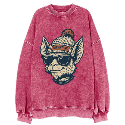 San Antonio Bat wearing San Antonio beanie with pom pom and wayfarer sunglasses - Vintage Sweatshirt - Pink