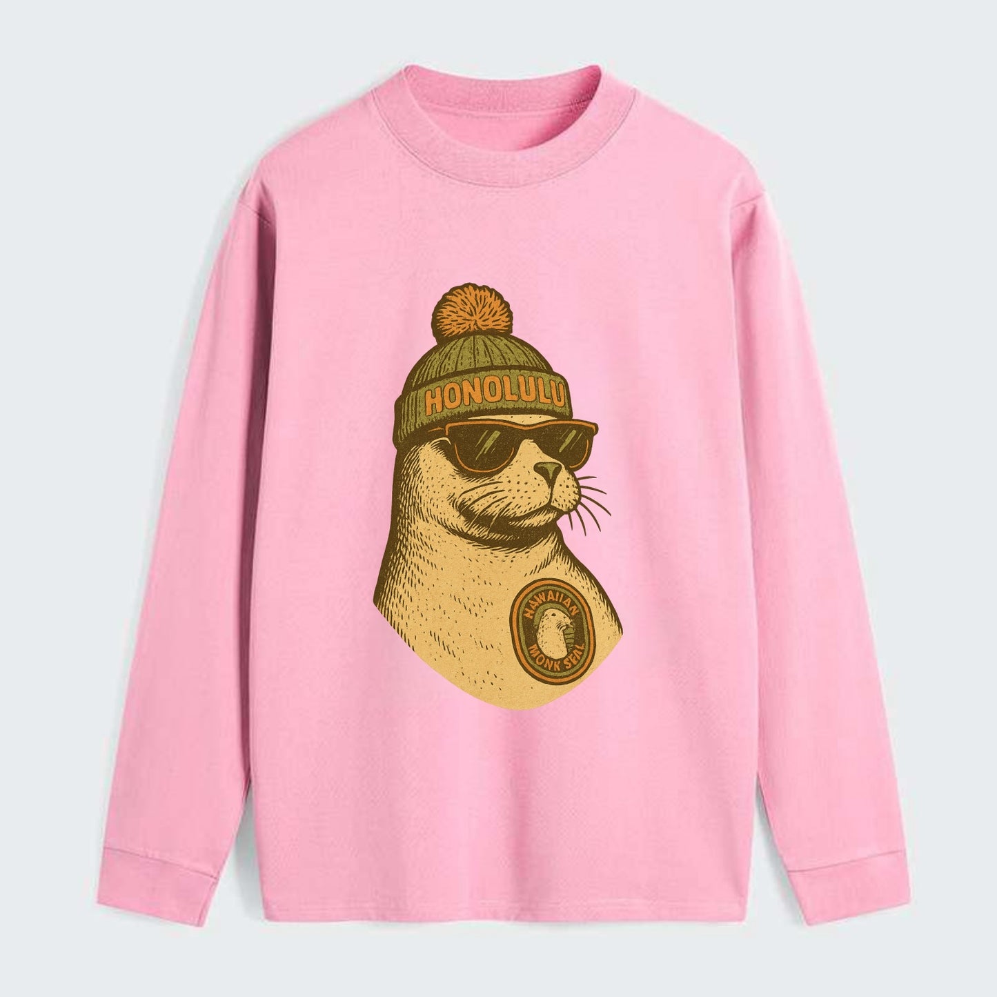 Hawaii Monk Seal wearing Honolulu beanie with pom pom and wayfarer - Classic Long Sleeve Shirt - Pink
