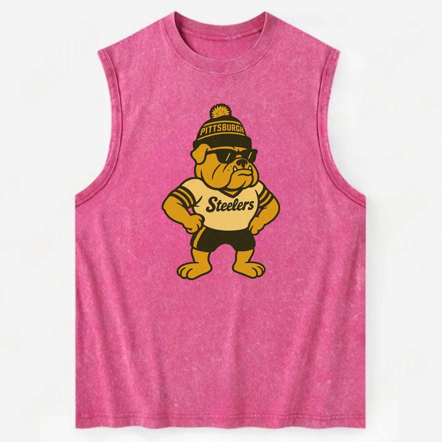 Pittsburgh Bulldog wearing Steelers black and gold beanie with pom pom and - Vintage Washed Tank - Pink