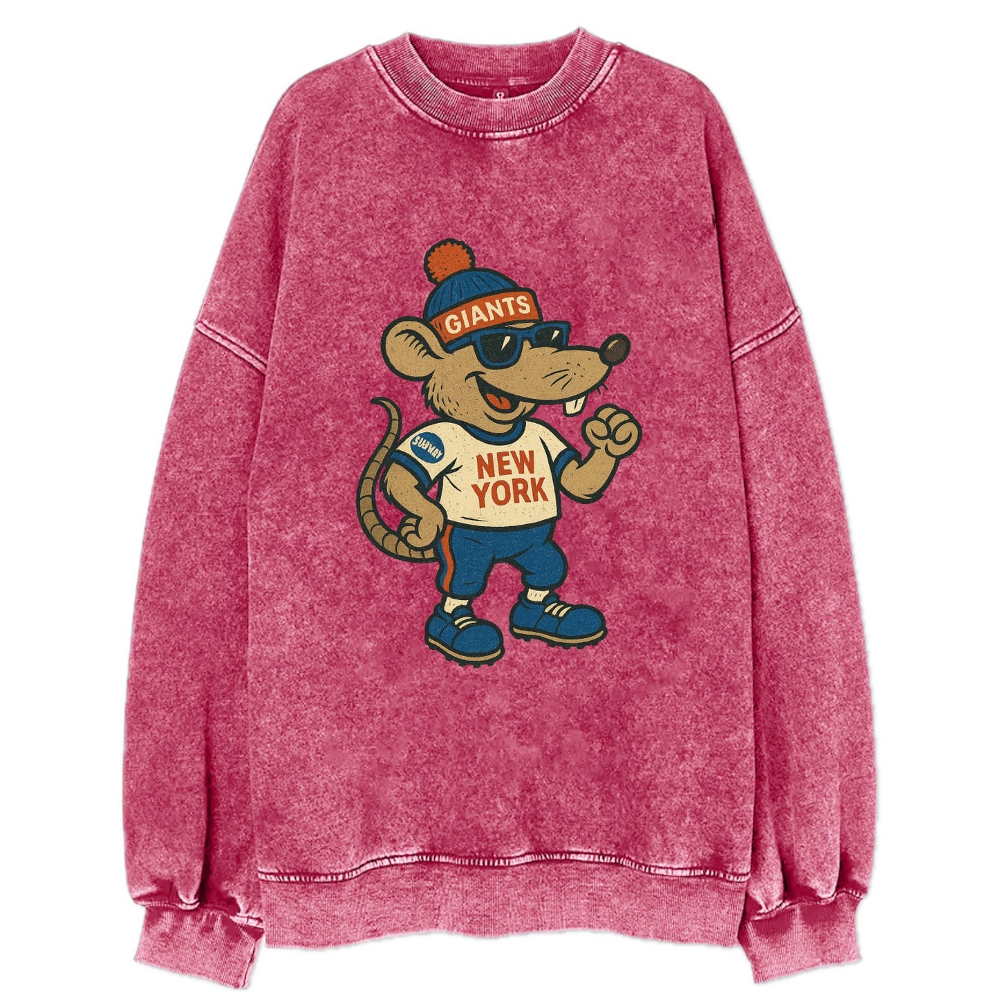 New York Rat wearing Giants beanie with subway patch and wayfarer sunglasses - Vintage Sweatshirt - Pink