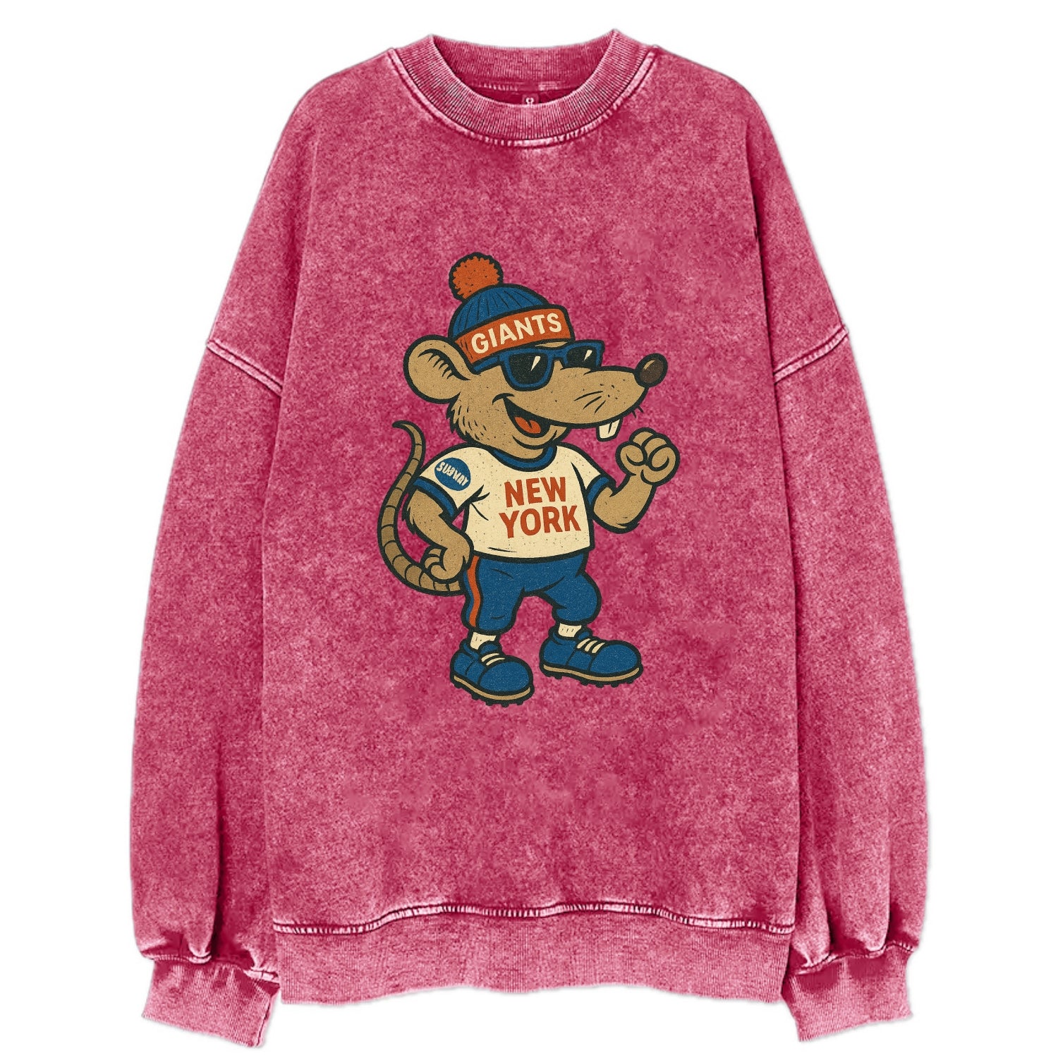 New York Rat wearing Giants beanie with subway patch and wayfarer sunglasses - Vintage Sweatshirt - Pink