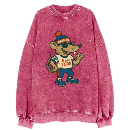 New York Rat wearing Giants beanie with subway patch and wayfarer sunglasses - Vintage Sweatshirt - Pink