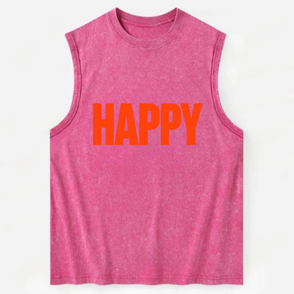 Bold typography design - "HAPPY" - joyful, content, pleased - Vintage Washed Tank - Pink
