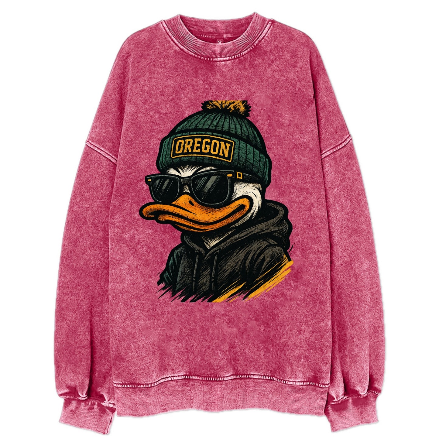 Eugene Duck wearing Oregon beanie with O patch - Vintage Sweatshirt - Pink
