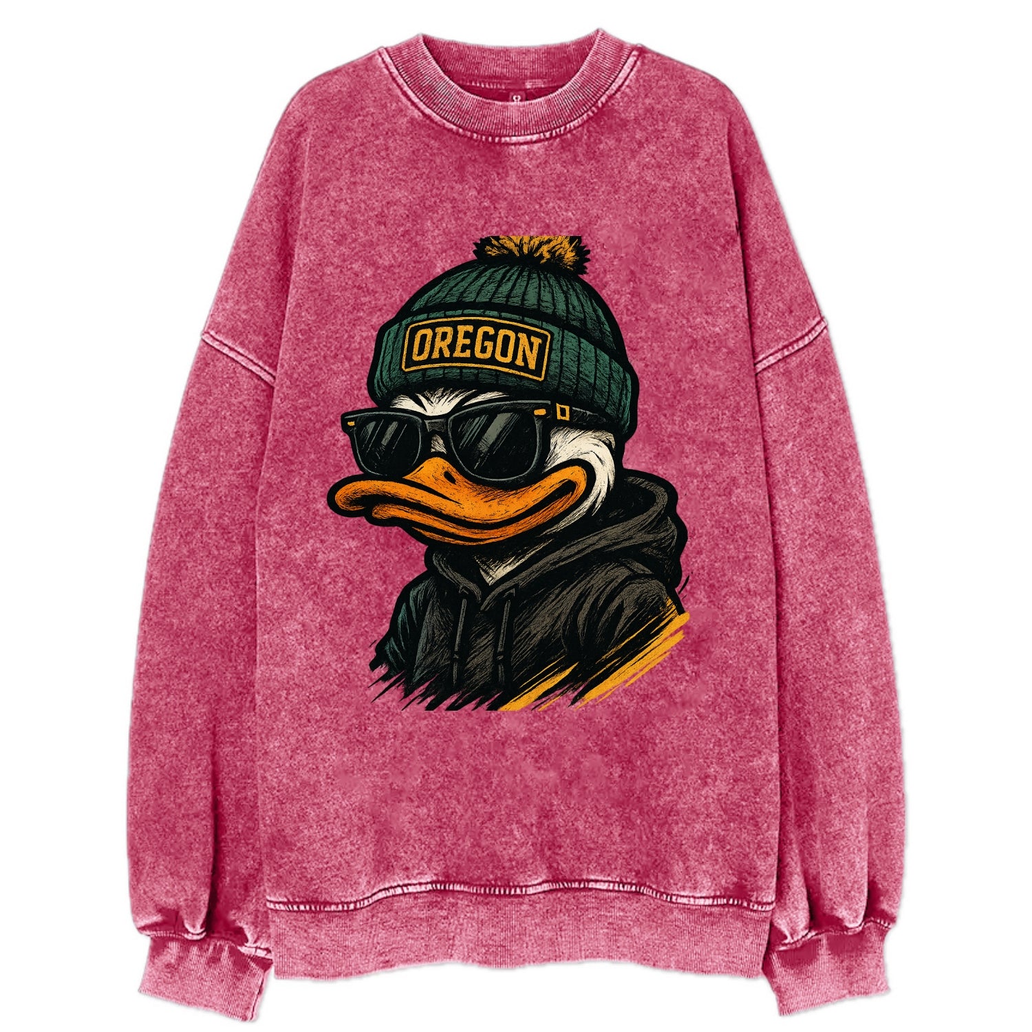 Eugene Duck wearing Oregon beanie with O patch - Vintage Sweatshirt - Pink