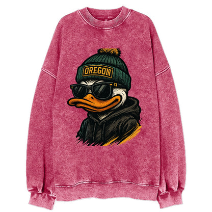 Eugene Duck wearing Oregon beanie with O patch - Vintage Sweatshirt - Pink