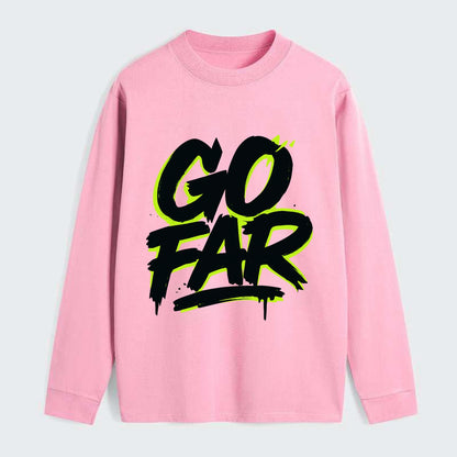 Bold typography design - "GO FAR" - distance goals, pushing limits - Classic Long Sleeve Shirt - Pink