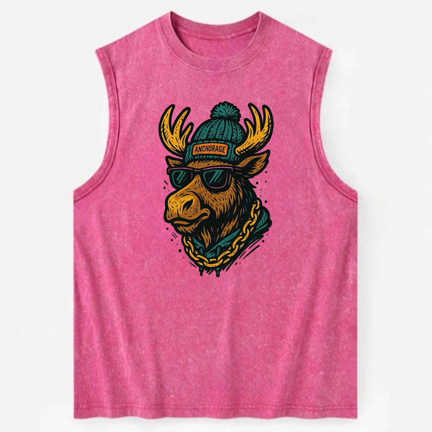 Alaska Moose wearing Anchorage beanie with pom pom and wayfarer sunglasses - Vintage Washed Tank - Pink