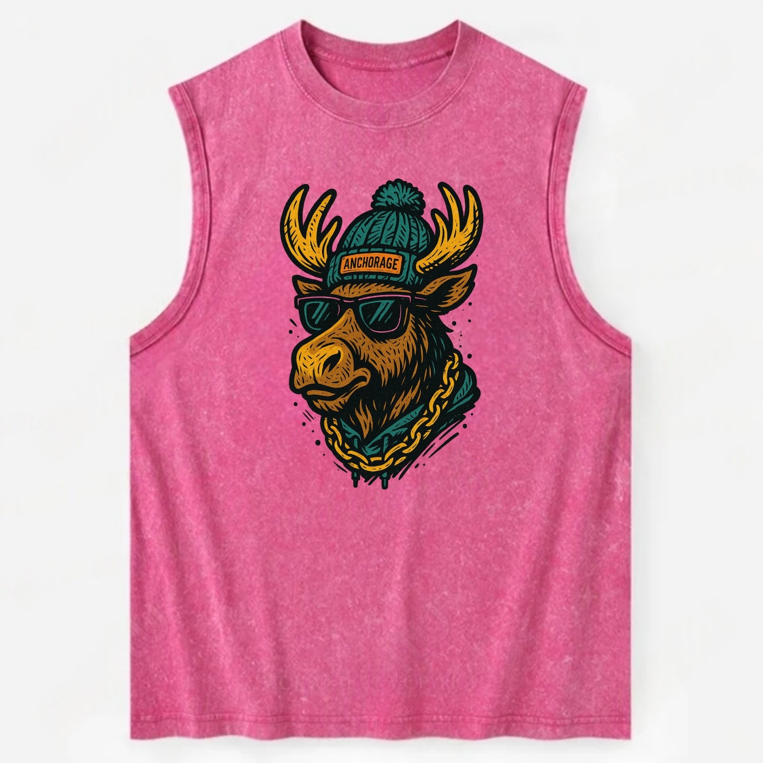Alaska Moose wearing Anchorage beanie with pom pom and wayfarer sunglasses - Vintage Washed Tank - Pink