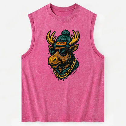Alaska Moose wearing Anchorage beanie with pom pom and wayfarer sunglasses - Vintage Washed Tank - Pink