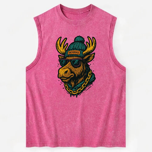 Alaska Moose wearing Anchorage beanie with pom pom and wayfarer sunglasses - Vintage Washed Tank