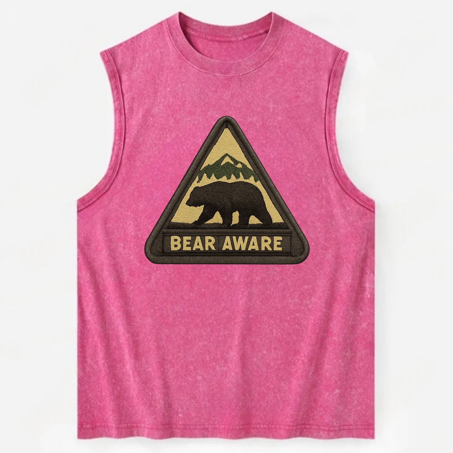 BEAR AWARE - bear silhouette warning in brown and yellow , wilderness safety - Vintage Washed Tank - Pink