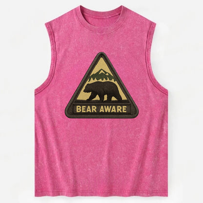 BEAR AWARE - bear silhouette warning in brown and yellow , wilderness safety - Vintage Washed Tank - Pink