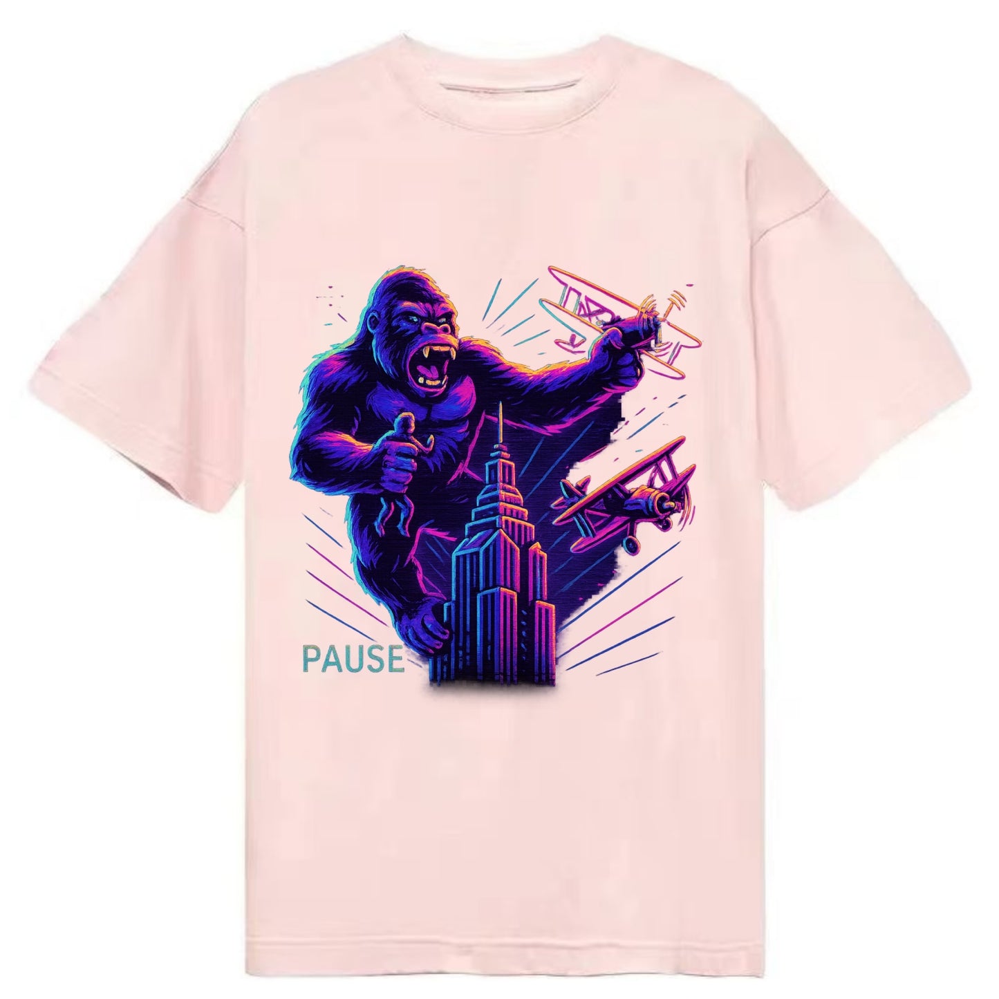 giant gorilla on top of skyscraper holding small figure, swatting planes - Classic T-shirt - Pink