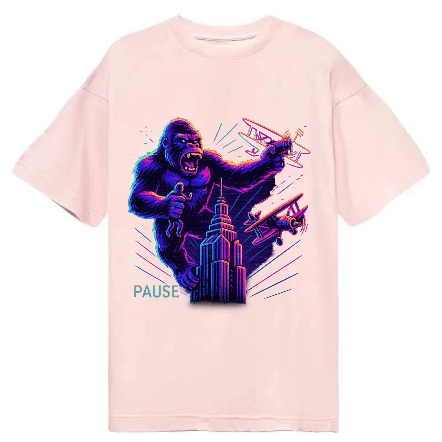 giant gorilla on top of skyscraper holding small figure, swatting planes - Classic T-shirt - Pink