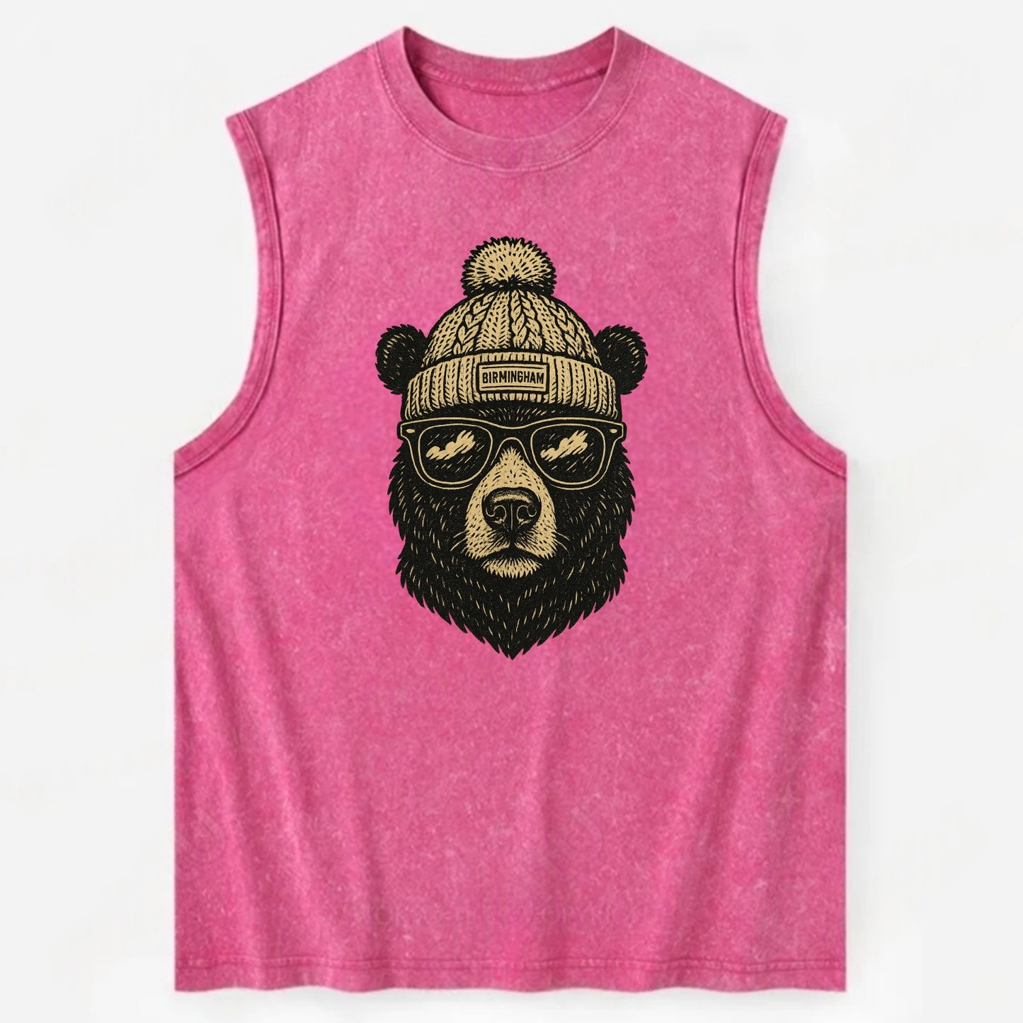 Alabama Black Bear wearing Birmingham beanie with pom pom and wayfarer - Vintage Washed Tank - Pink