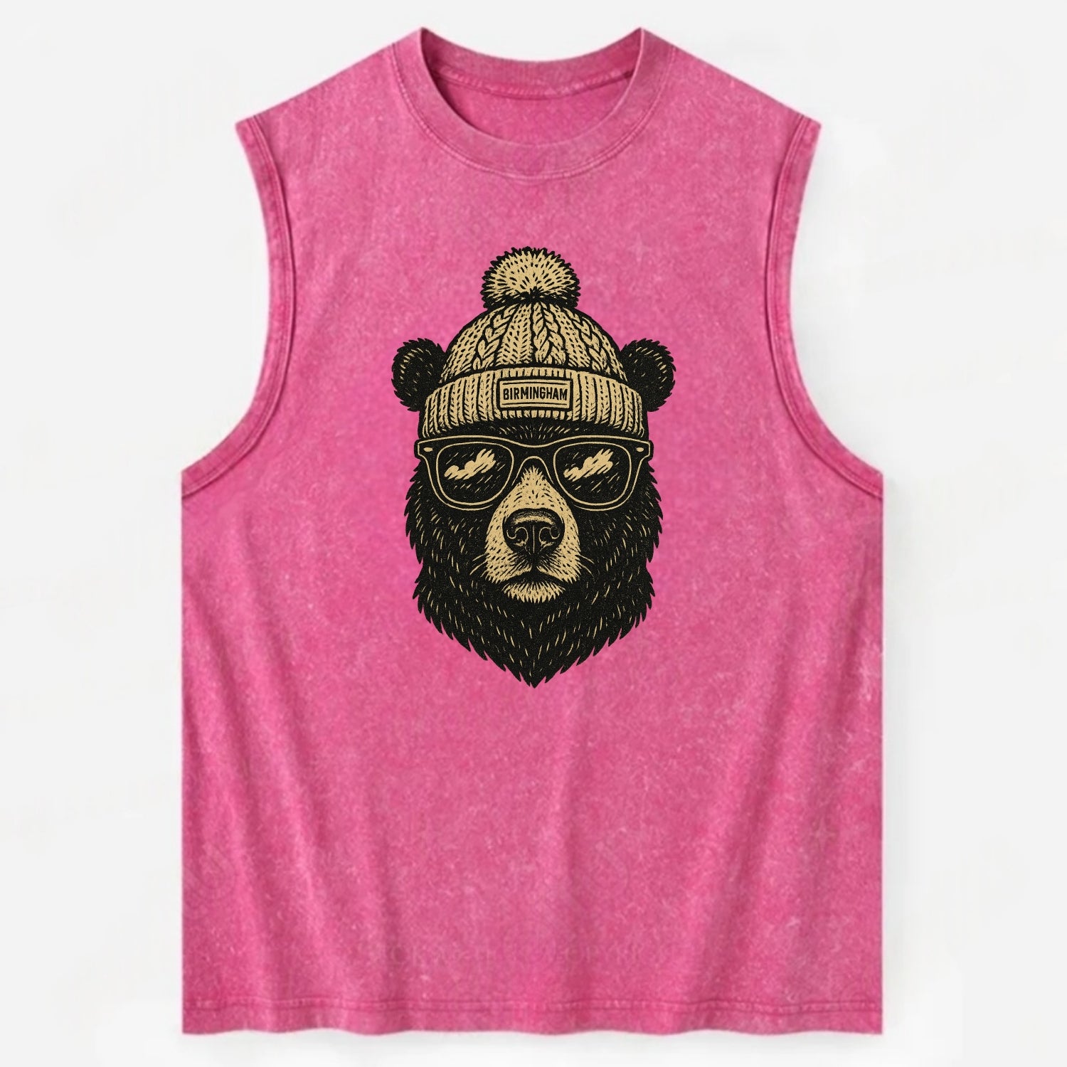 Alabama Black Bear wearing Birmingham beanie with pom pom and wayfarer - Vintage Washed Tank - Pink