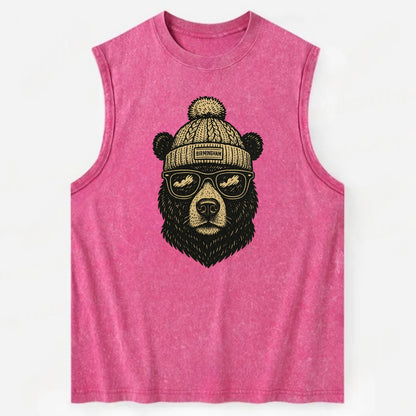 Alabama Black Bear wearing Birmingham beanie with pom pom and wayfarer - Vintage Washed Tank - Pink