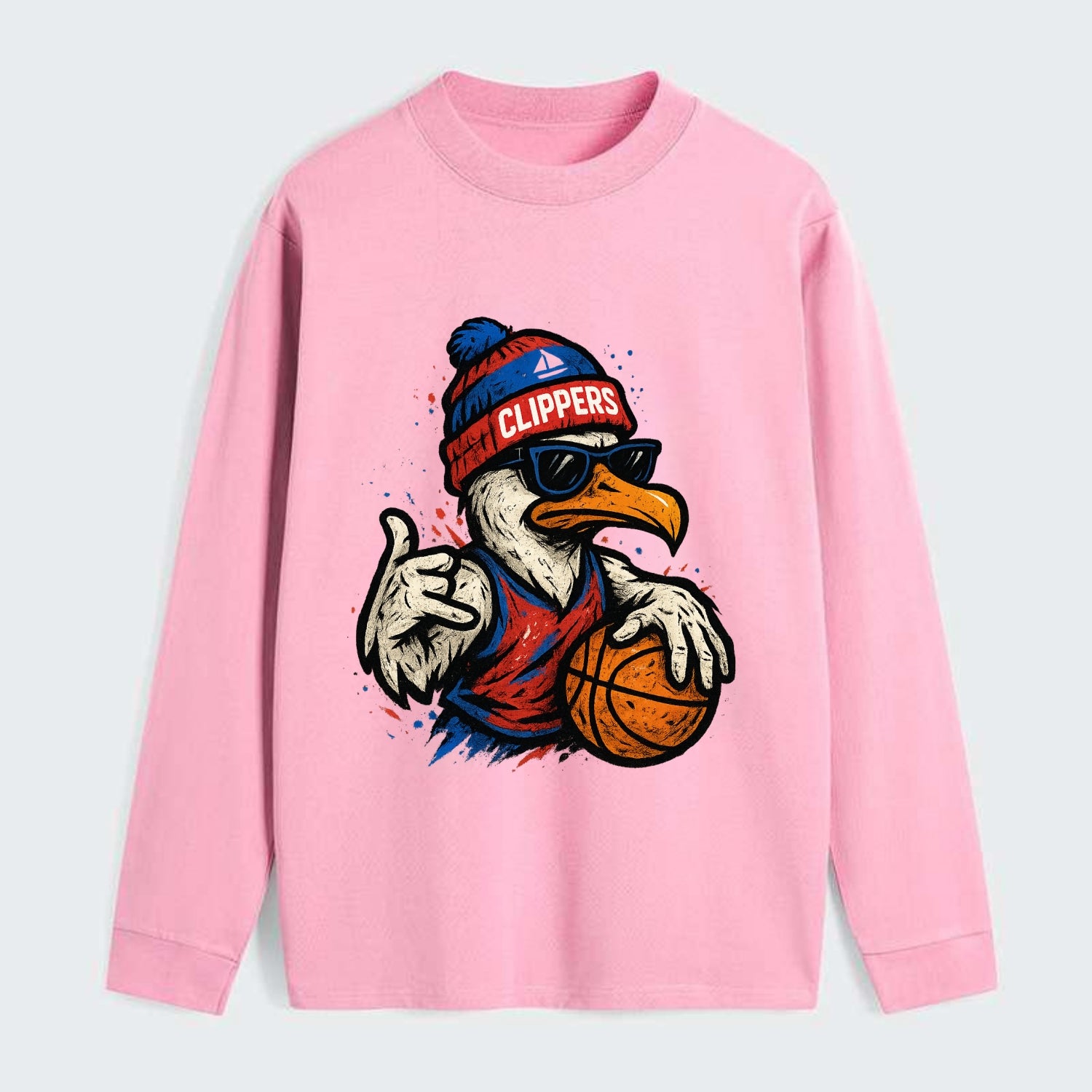 LA Seagull wearing Clippers red white and blue beanie with ship patch - Classic Long Sleeve Shirt - Pink
