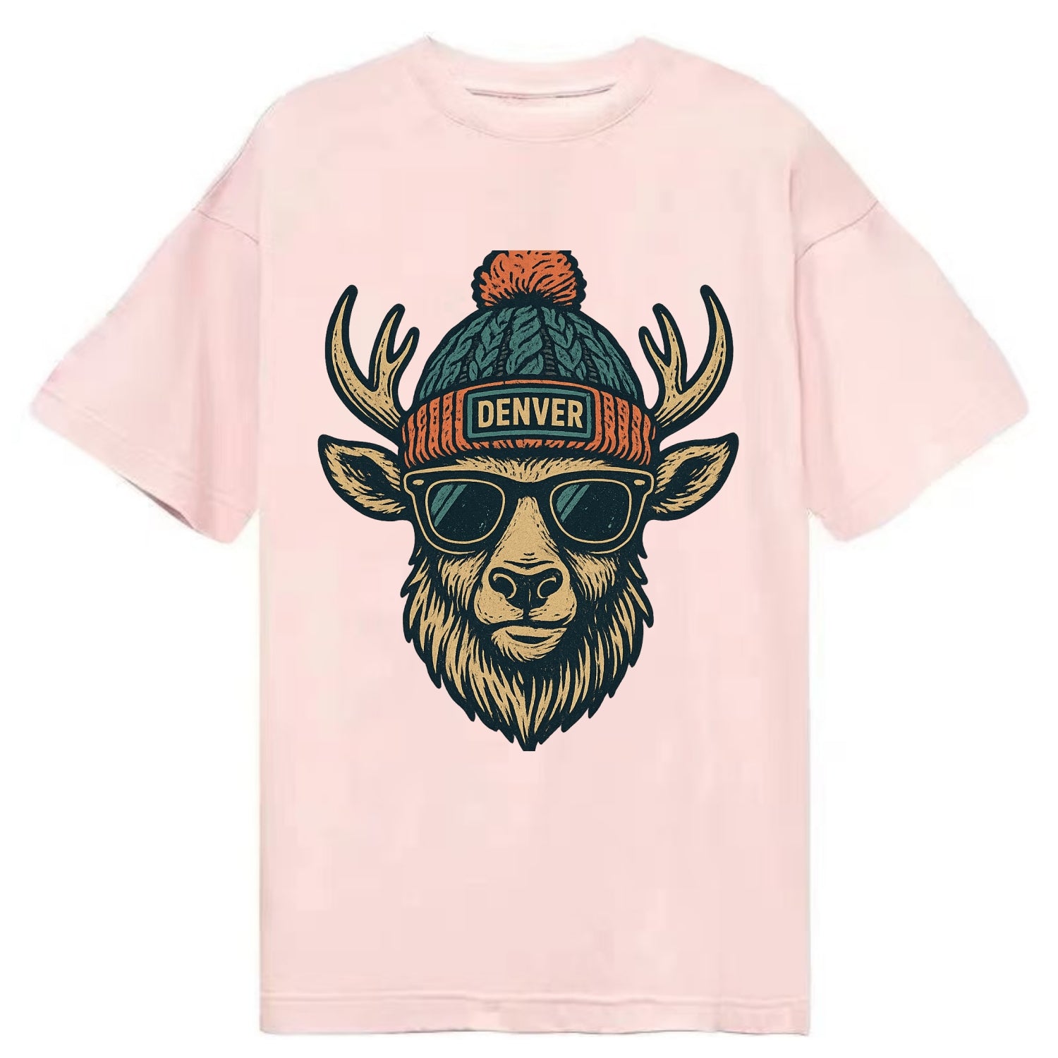 Denver Elk wearing Denver beanie with pom pom and wayfarer sunglasses - Classic T-shirt - Pink