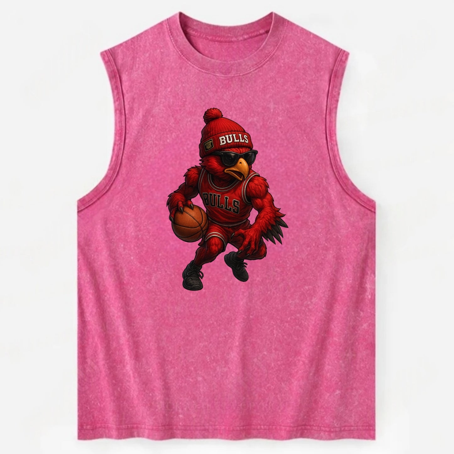 Windy City Hawk wearing Bulls beanie with six rings patch and wayfarer - Vintage Washed Tank - Pink