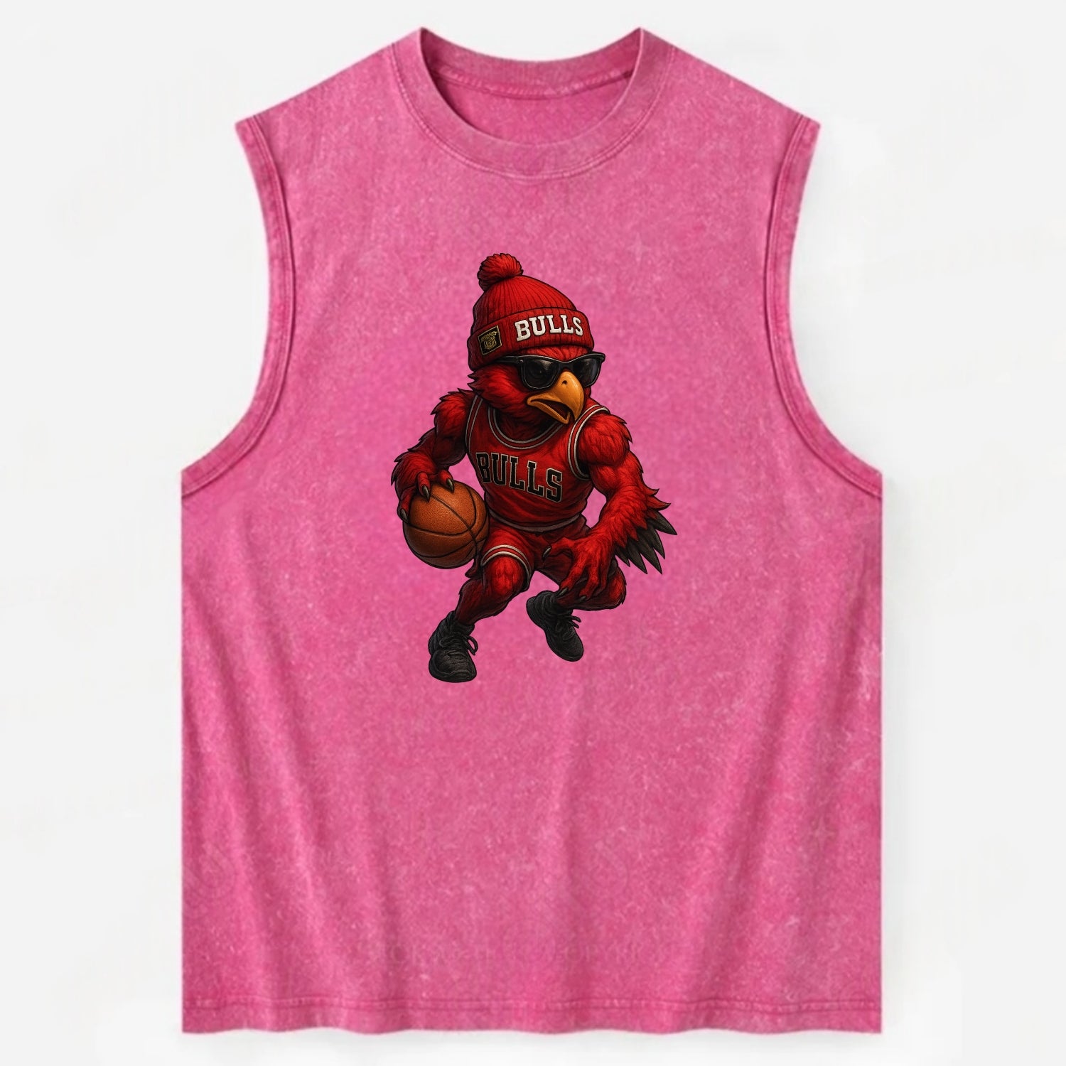 Windy City Hawk wearing Bulls beanie with six rings patch and wayfarer - Vintage Washed Tank - Pink