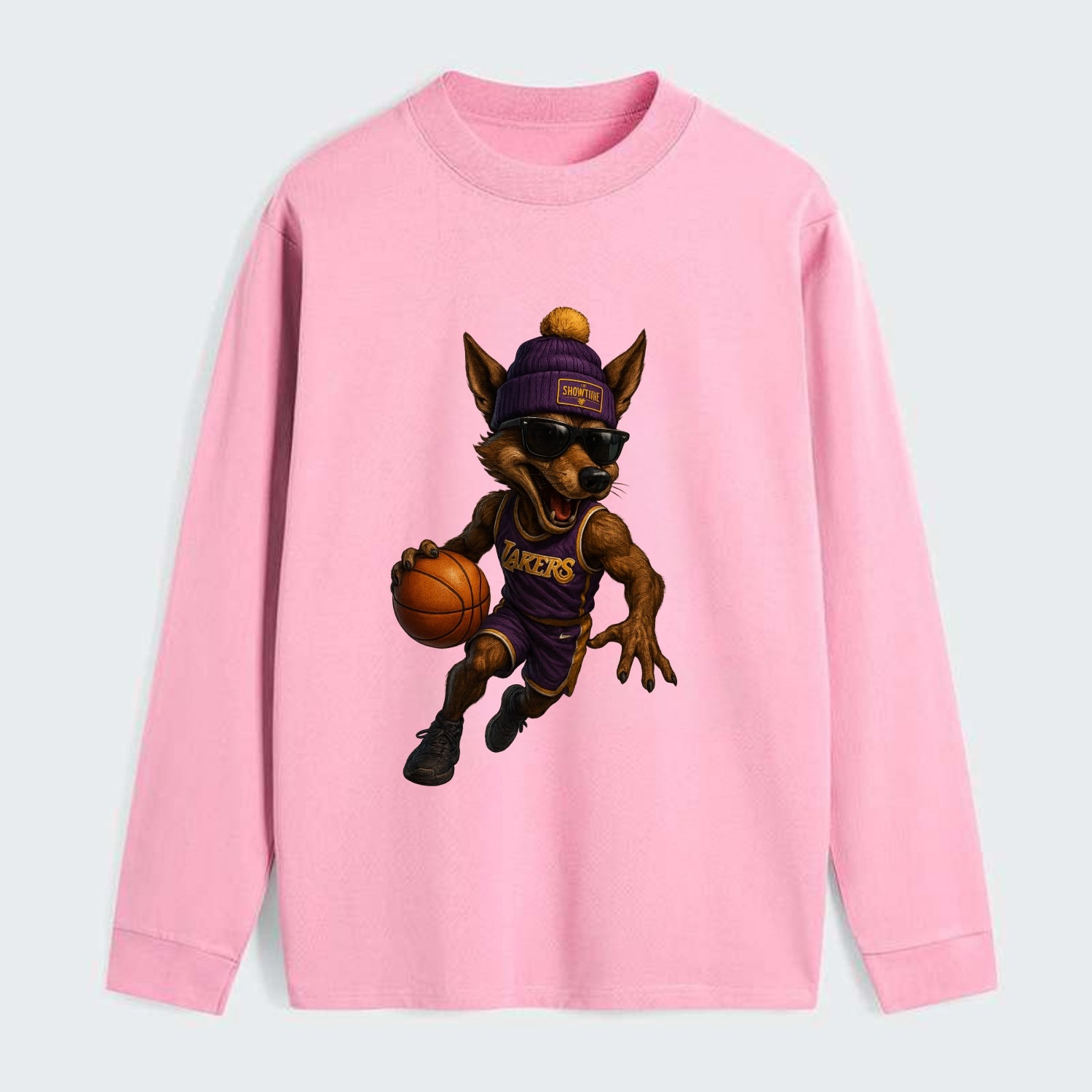 Hollywood Coyote wearing Lakers beanie with Showtime patch and wayfarer - Classic Long Sleeve Shirt - Pink