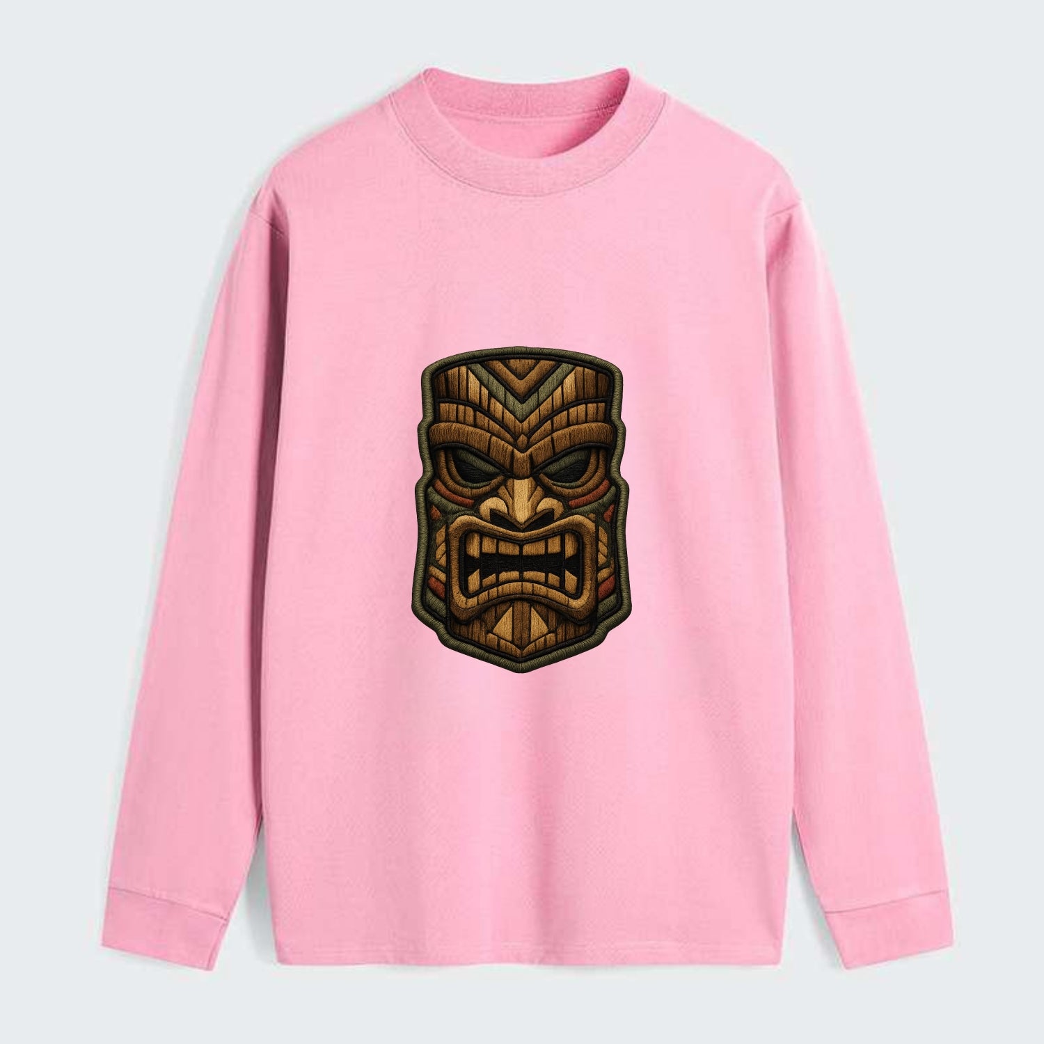TIKI MASK - carved totem in brown and red , Polynesian - Classic Long Sleeve Shirt - Pink